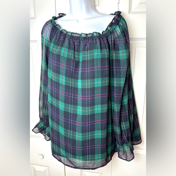 TALBOTS Petite Plaid Popover Blouse Top Shirt Tartan Flowy Green Black Pink - Picture 4 of 14